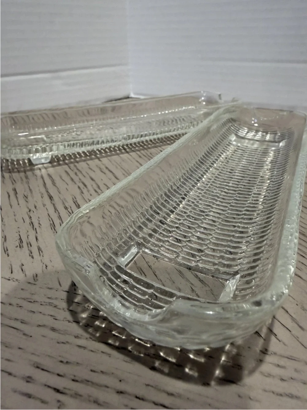 4 Vintage Clear Embossed Glass CORN ON THE COB Butter Dish Holder Footed